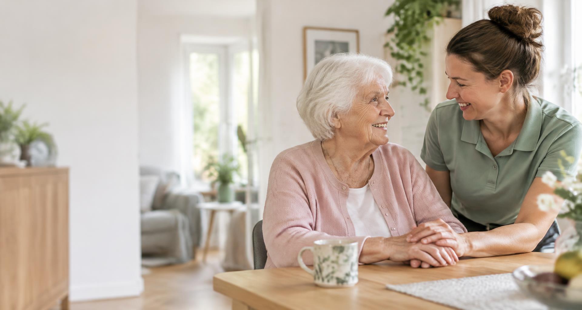 Eine Pflegekraft und eine ältere Frau im herzlichen Gespräch zu Hause